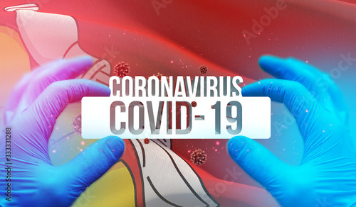 Coronavirus disease COVID-19 infection in russian region, flag images concept - Flag of Voronezh Oblast. Coronavirus in Russia concept 3D illustration. photo