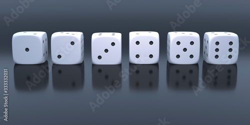 Set of dice in a raw from one to six 3d render