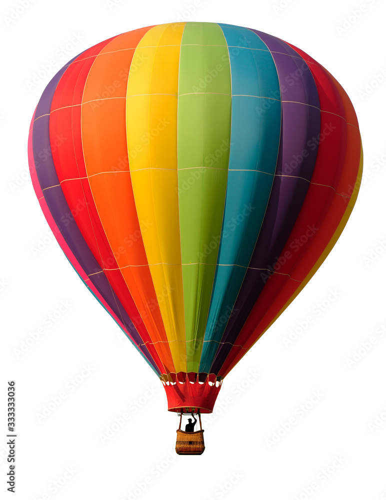 Fototapeta premium Rainbow colored hot-air balloon against white background