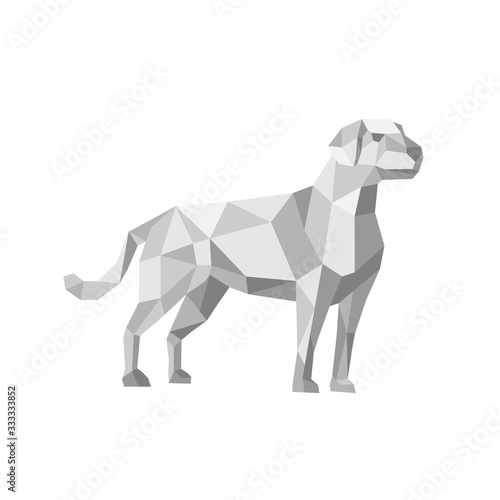 Low polygon art style illustration of a labrador retriever,  a medium-large breed of retriever-gun dog standing viewed from side on isolated white background.