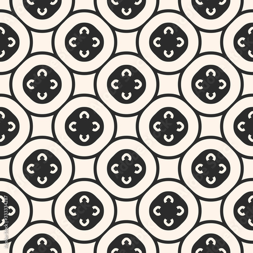 Vector monochrome seamless pattern  floral tiling geometric texture with simple figures  flowers  circles  circular lattice. Abstract repeat background. Design for decor  textile  fabric  furniture