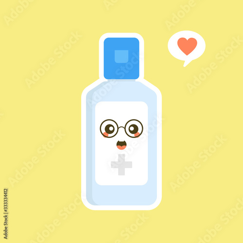 cute and kawaii disinfection or and sanitizer bottle, washing gel. Vector illustration suitable for hygiene, disinfect, medical, clean life, anti virus, bacteria, health care, disease spread, germs