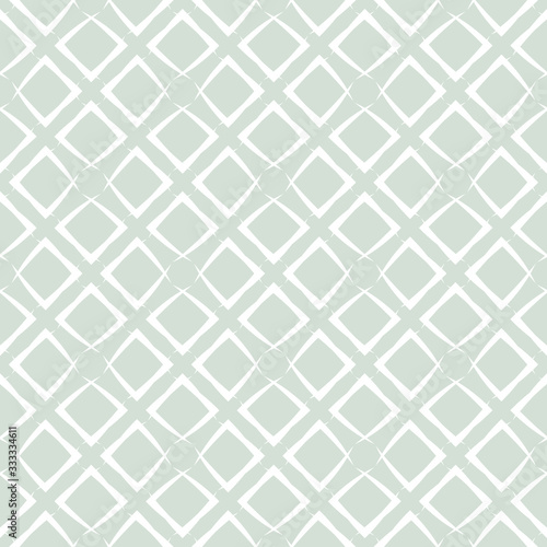 Subtle vector grid seamless pattern. Abstract geometric texture with diagonal cross lines, net, lattice, grill, squares, rhombuses. Simple white and light green graphic background. Repeatable design
