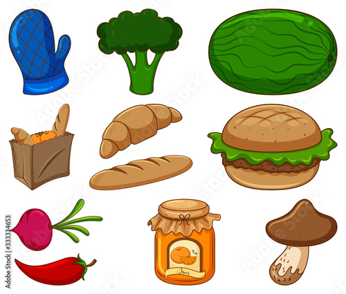 Large set of different food and other items on white background