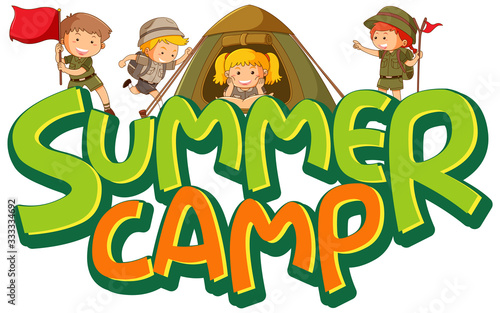 Font design for word summer camp with many kids in the tent