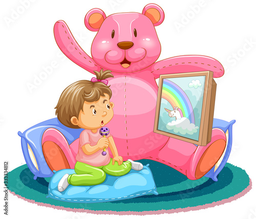 Scene with kids watching TV with teddy bear