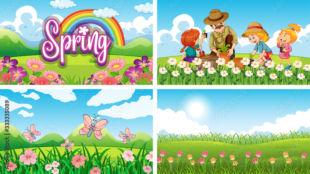 Naklejka premium Four background scenes with children and animals in the park