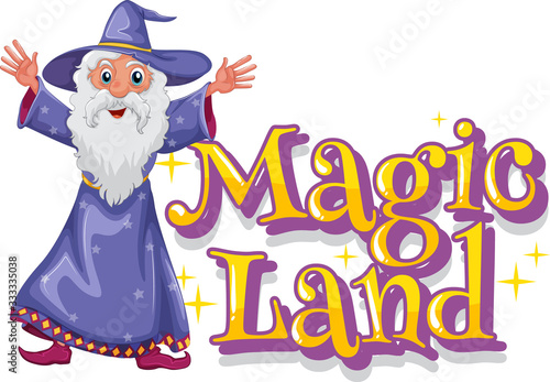 Font design for word magic land with old wizard on white background
