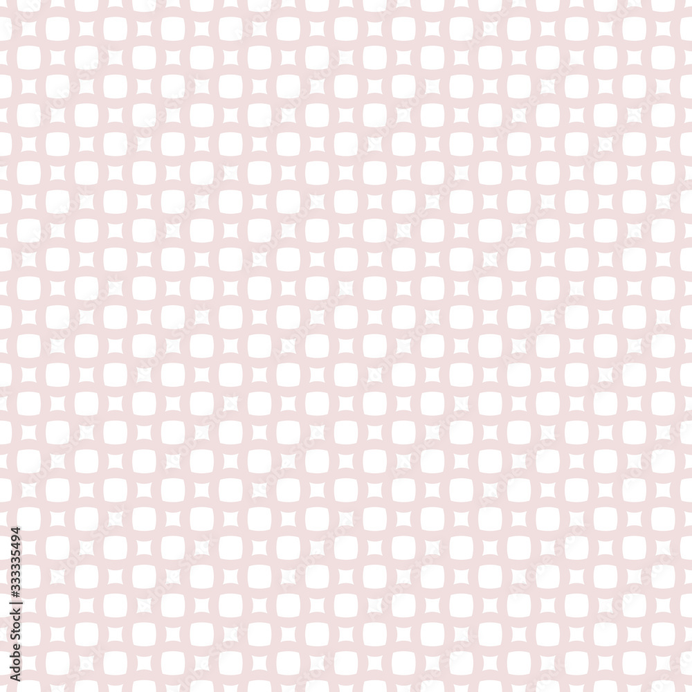 Subtle vector grid texture. Delicate geometric seamless pattern with small circles, squares, mesh, net, lattice. Abstract ornamental background in soft pink and white colors. Simple repeating design