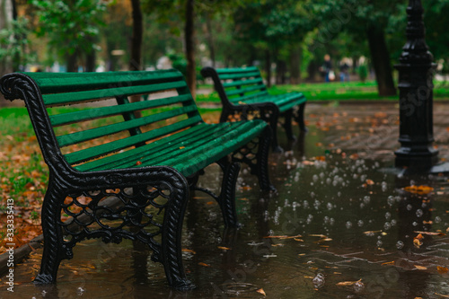 green bench in the park in the rain