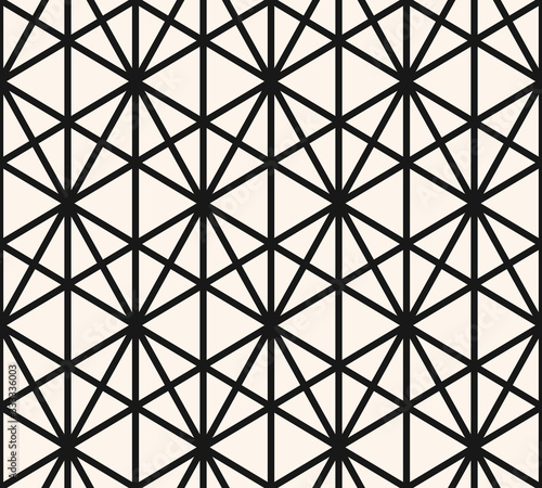 Geometric triangles seamless pattern. Vector abstract black and white graphic texture. Simple repeat monochrome background with triangular grid, hexagons, rhombuses, net, mesh. Modern sacred geometry