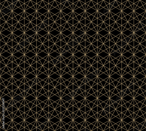 Golden lines seamless pattern. Vector geometric ornament texture. Metallic gold lines on black background. Luxury abstract graphic background with delicate grid, lattice, net, mesh. Repeating design