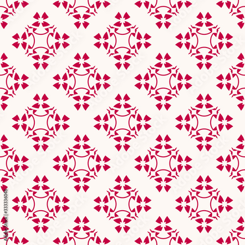 Vector geometric floral pattern. Elegant seamless texture with flower silhouettes, carved shapes, crosses. Christmas theme ornament. Abstract red and white background. Design for decor, gift paper