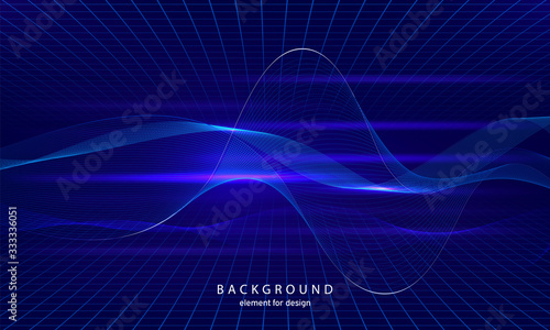 Abstract wave element with perspective mesh with depth of field effect for design. Grid. Digital equalizer. Stylized line art background. Colorful shiny waves with lines. Curved wavy line. Vector