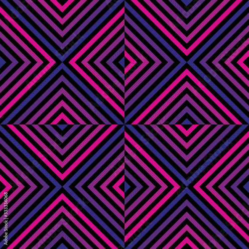 Vector geometric seamless pattern with colorful lines, stripes, square tiles, rhombuses. Abstract repeat graphic texture in pink, blue, purple and black color. Trendy background in 1980s - 1990s style