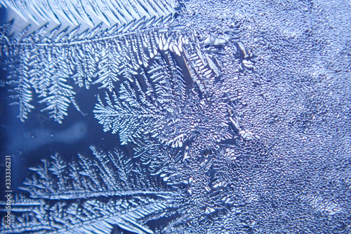 macro ice on the glass in winter Patterned like leaves	