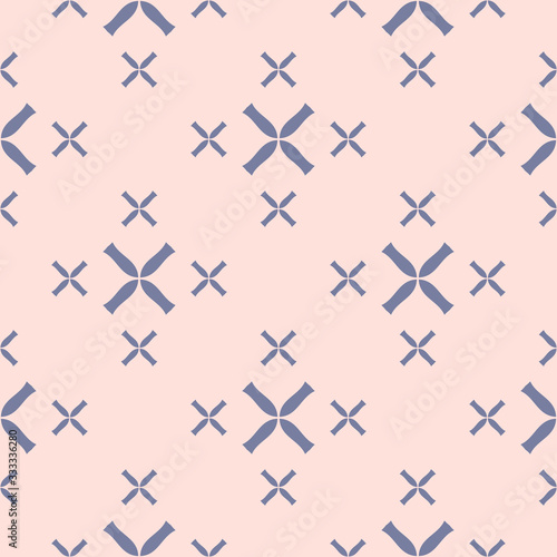 Vector geometric seamless pattern with small flowers  crosses. Elegant minimal texture in pastel colors  light pink and blue. Abstract minimalist repeat background. Design for decor  wallpapers  cloth