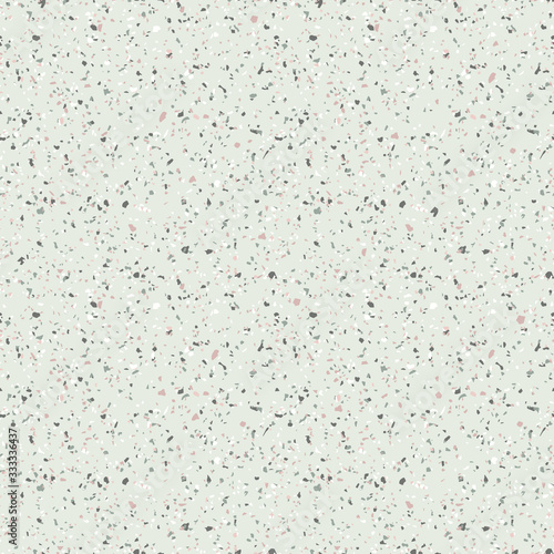 Terrazzo seamless pattern. Vector texture of mosaic floor with natural stones, granite, marble, quartz, limestone, colored glass, concrete. Terazzo flooring. Sandy background in green pastel colors