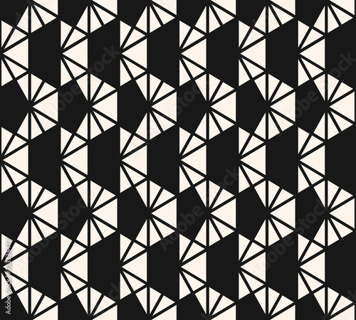 Triangle pattern. Vector abstract geometric seamless texture. Black and white minimalist graphic background with triangles, hexagonal grid, net, lattice. Simple monochrome repeated decorative design