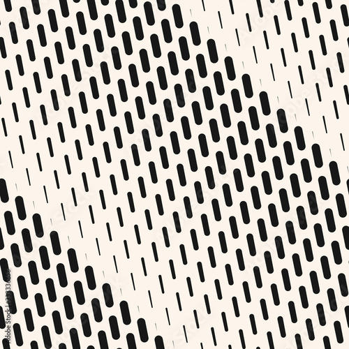 Vector geometric halftone seamless pattern with vertical dash lines, fading stripes. Diagonal gradient transition effect. Extreme sport style background. Abstract black and white repeatable texture