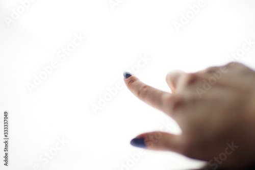 Female hand on a white background, finger shows or clicks