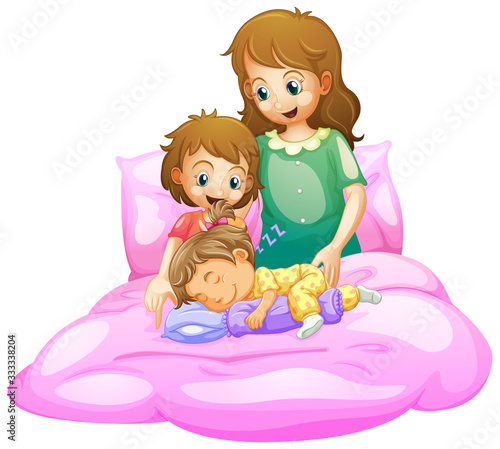 Scene with mother and kids sleeping in bed