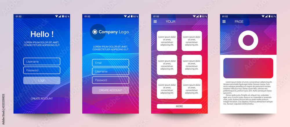 Design of mobile app, UI, UX, GUI. Set of user registration screens with login and password input, account sign in, sign up, home page. Modern Style. Minimal Application. UI Design Template. Interface Design of mobile app, UI, UX, GUI. Set of user registration screens with login and password input, account sign in, sign up, home page. Modern Style. Minimal Application. UI Design Template. Interface