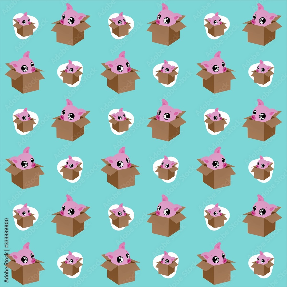 Pig Hiding In a Box Cute Illustration, Cartoon Funny Character, Pattern Wallpaper 