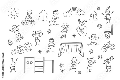 Active sport children. Funny small kids play, run and jump. Set of elements in childish doodle style. Hand drawn vector illustration