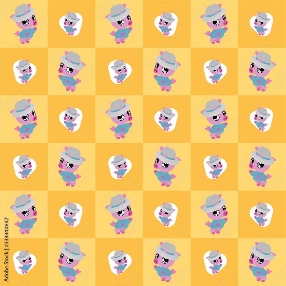 Pig Wearing a Hat While Waving Cute Illustration, Cartoon Funny Character, Pattern Wallpaper 