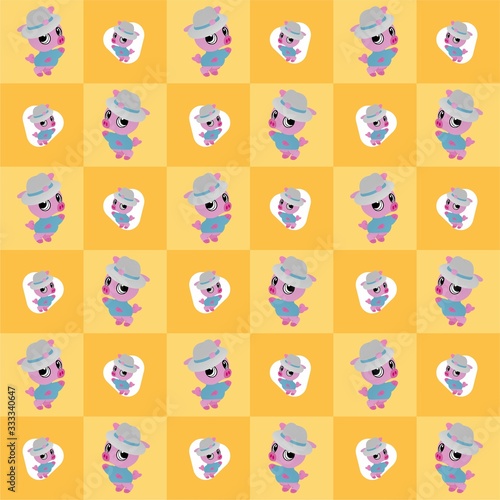 Pig Wearing a Hat While Waving Cute Illustration, Cartoon Funny Character, Pattern Wallpaper  © Arya