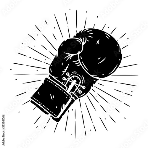 Boxing glove. Hand drawn vector illustration with boxing glove and sunburst. Used for poster, banner, web, t-shirt print, bag print, badges, flyer, logo design and more.