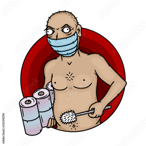 Mad man with a roll of toilet paper and protective mask.