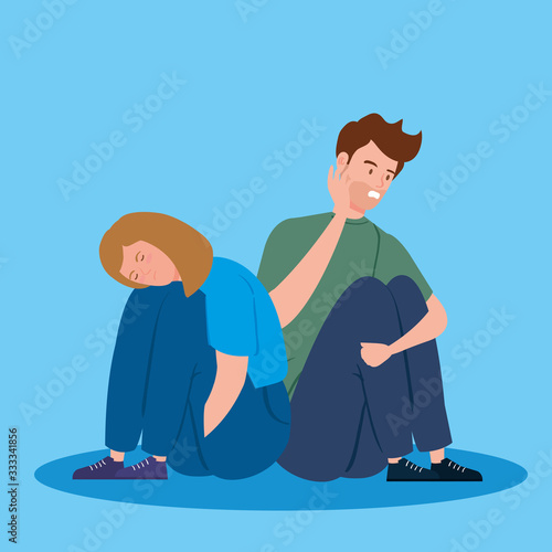 couple sitting with stress attack vector illustration design