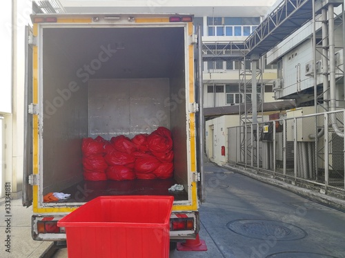 Soft focus on Pick-up truck of Biomedical waste,hospital waste in a hospital  - Logistics control in hospitals