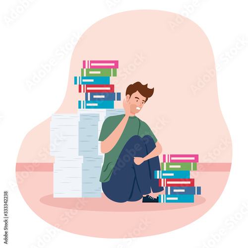 man with stress attack and pile documents vector illustration design