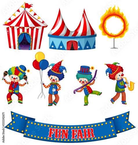 Set of circus clowns and tents on white background