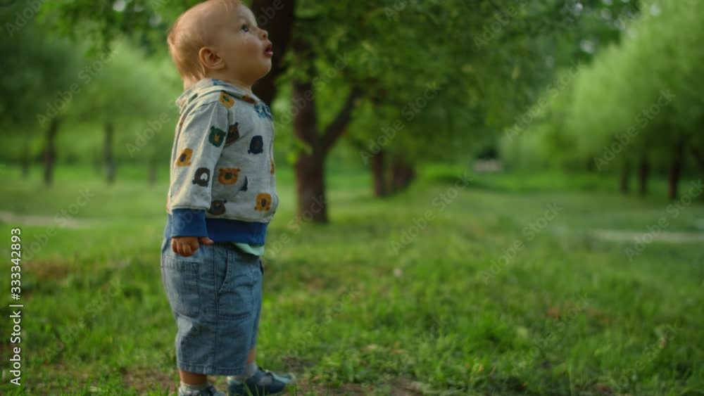 Little kid looking up on flying ball. Funny toddler walking in green forest. Little kid looking up on flying ball. Funny toddler walking in green forest.