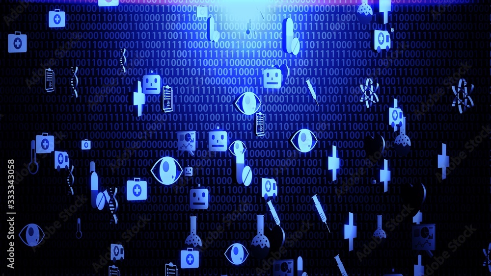 Obraz premium 3D Medical Technology Icon Set Hovering on The Random Binary Code Background with Blue Lighting Ver.1 (Full Screen)
