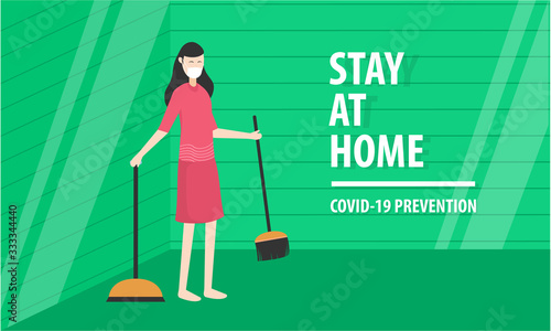 illustration women stay at home with face mask. she is doing cleaning and sweeping house using a broom. social or physical distancing movement. to prevent the spread of coronavirus. global pandemic.