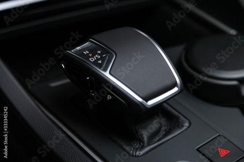 Close-up view of the automatic gearbox lever. Interior car, automatic transmission gearshift stick; .