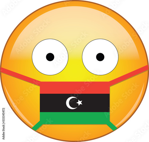 Yellow scared emoji in Libyan medical mask protecting from SARS, coronavirus, bird flu and other viruses, germs and bacteria and contagious disease as well as toxic smog in Libya.