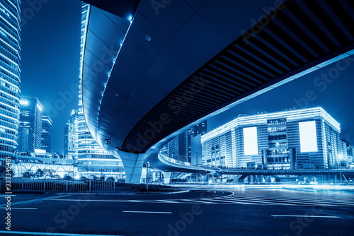 Office building and street night view in Lujiazui Financial District, Shanghai..