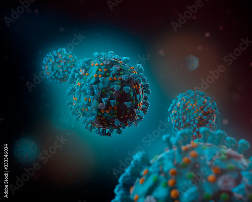 Coronavirus Covid-19 3D Render Illustration Microscopic Colored Virus Dark Backgound