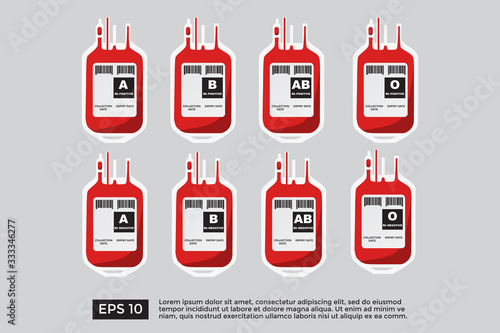 Plastic blood bag for all blood type, A, B, AB, O. Donate blood concept.
