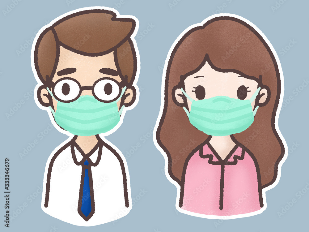 Man and woman cute cartoon wearing protective mask  for prevent virus  Covid-19.