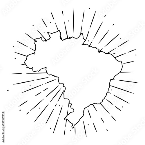 Map Of Brazil. Hand drawn vector illustration with a map of the Brazilian and divergent rays. Used for poster, banner, web, t-shirt print, bag print, badges, flyer, logo design and more.