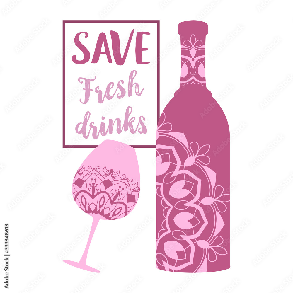 Dark pink bottle and glass with premium quality champagne. Vector