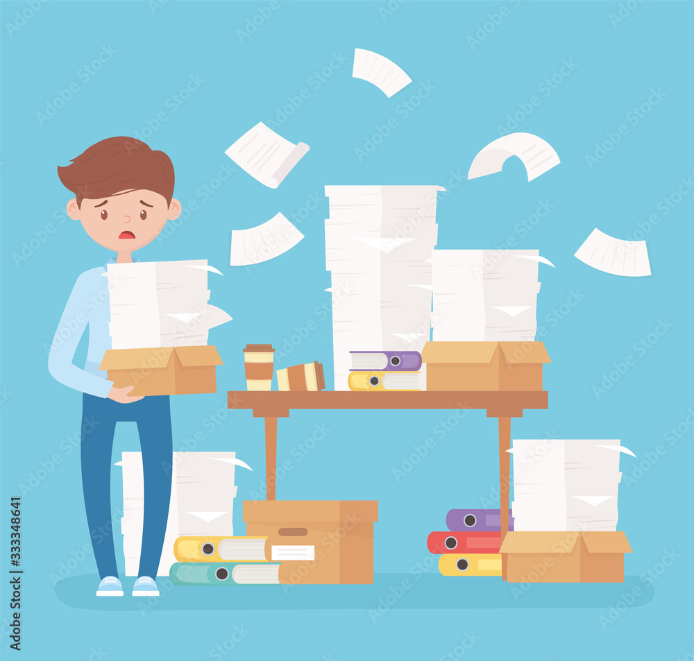 worried employee papers desk with sheets binders office stress worried employee papers desk with sheets binders office stress