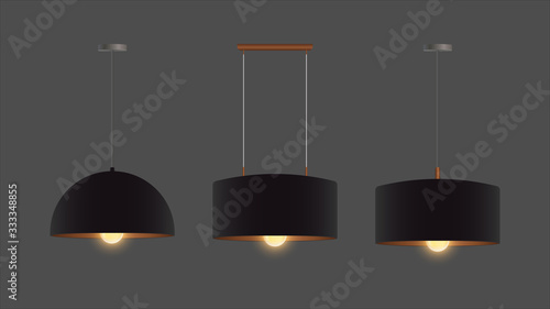 Vector set of realistic black chandeliers. Chandelier Included. Loft style. Interior design element.